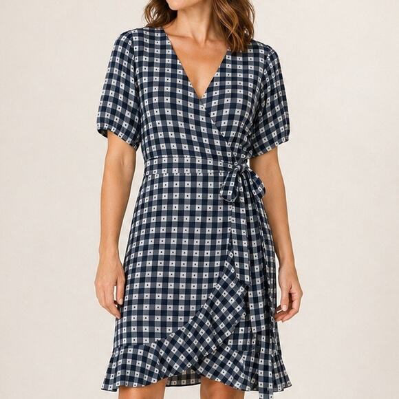 julia jordan Dresses & Skirts - Julia Jordan Faux Wrap Dress size 16 Blue Check Ruffled Hem Feminine NWT